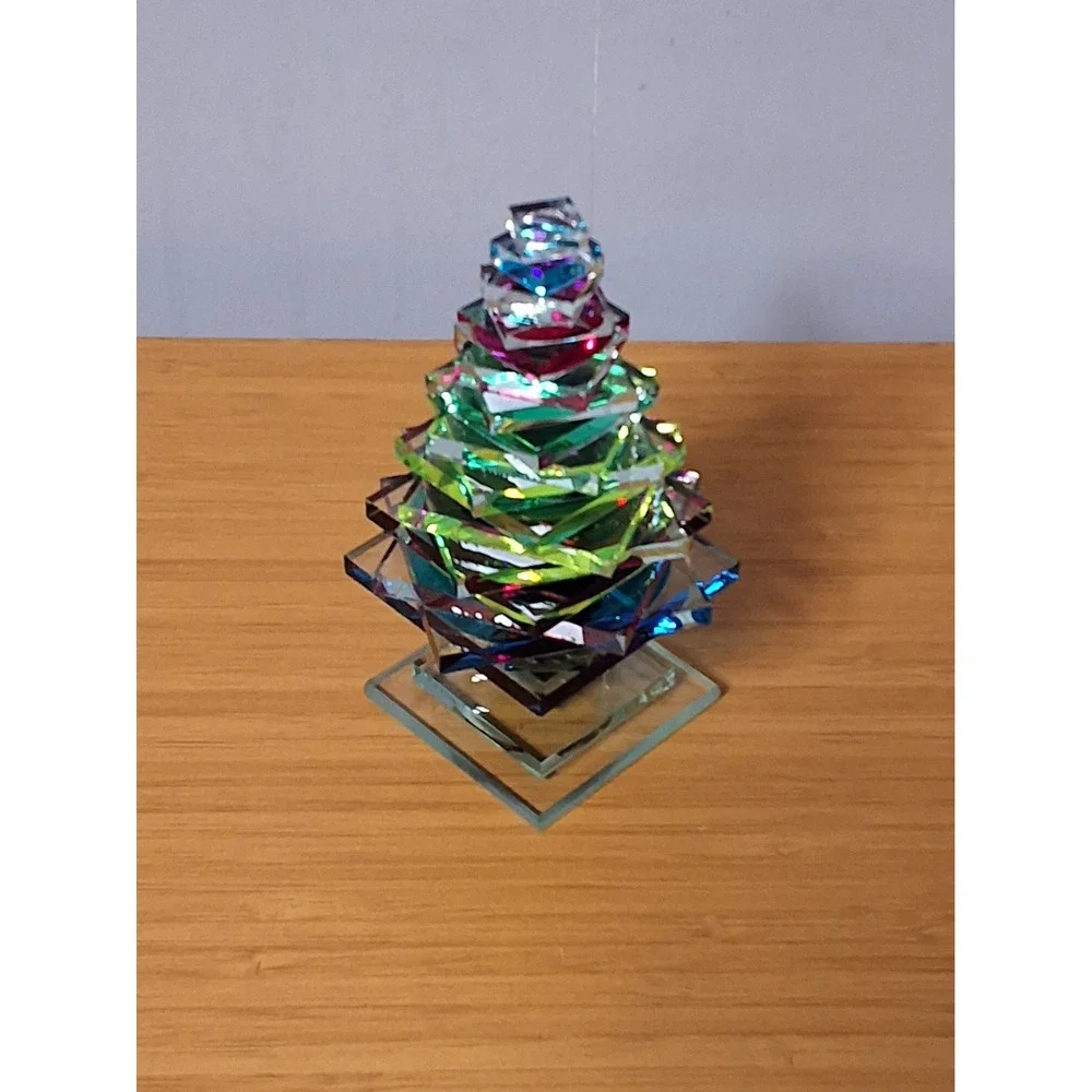 M+J G Signed Dichroic Art Glass Christmas Tree Figurine Iridescent